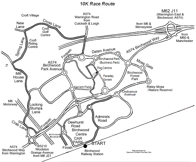 Birchwood 10k race route from 2014